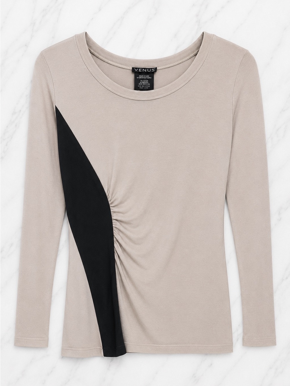 VENUS Asymmetrical Ruched Colorblock Long Sleeve Top Taupe Beige Black |S⁠mall